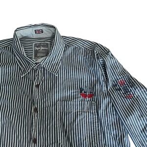 Vintage Pepe  Jeans London Mens L Button Up Patch Shirt Blue Striped Embroidered